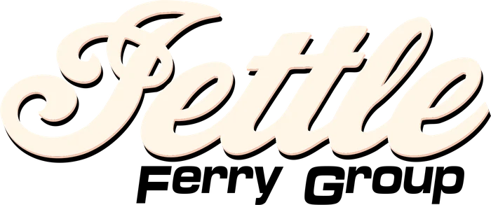Settle Ferry Group logo in cream retro script with a peach and black drop shadow