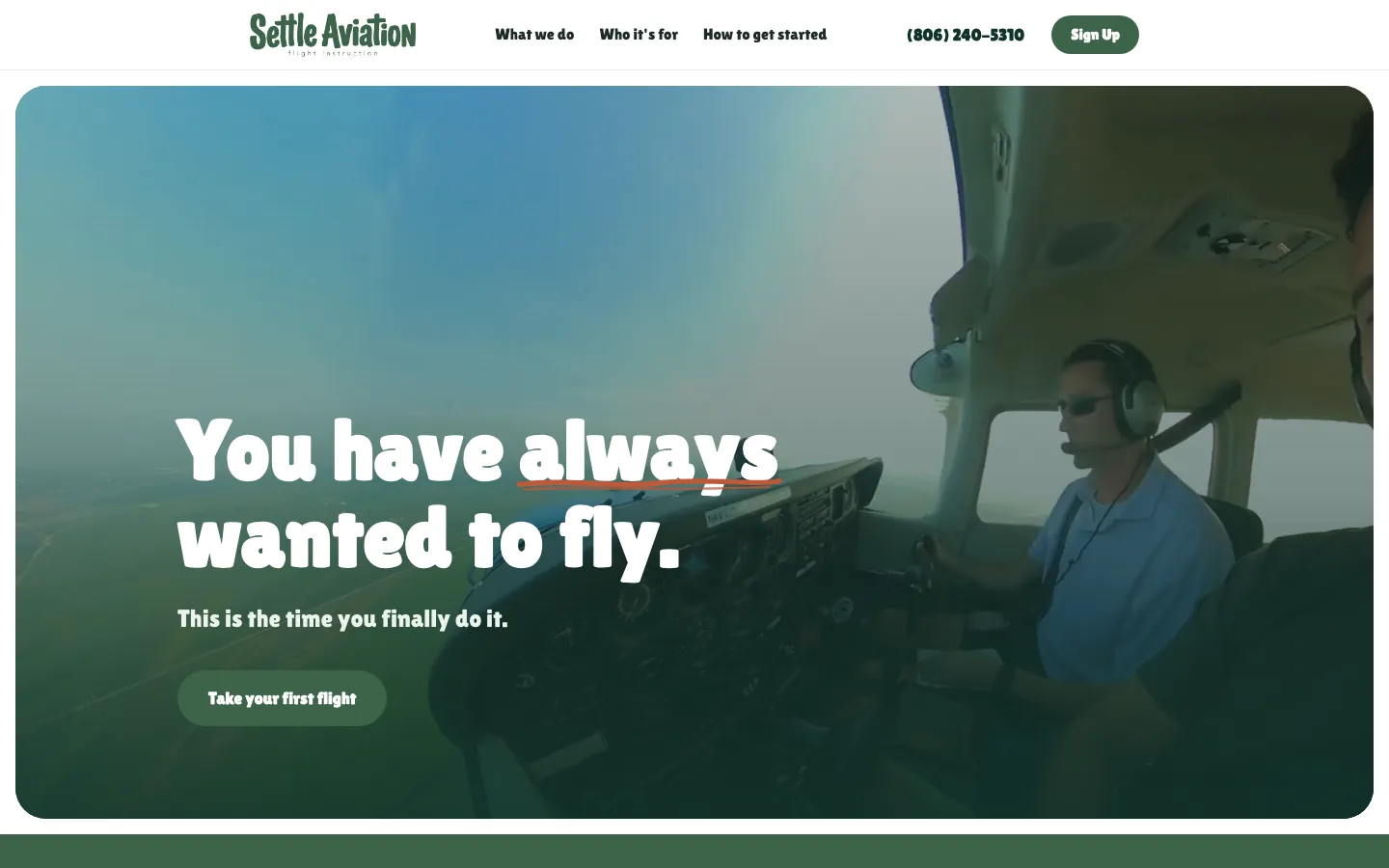 The Settle Aviation homepage, showing a pilot at the controls of a training airplane above the headline You have always wanted to fly